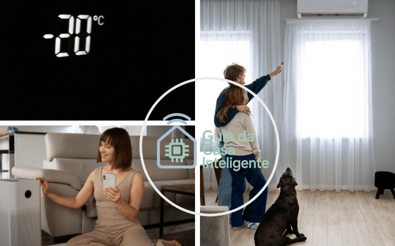 Automação Residencial  Pessoa ajustando a temperatura do ar-condicionado em um aplicativo de smartphone, com um termostato inteligente na parede ao fundo.