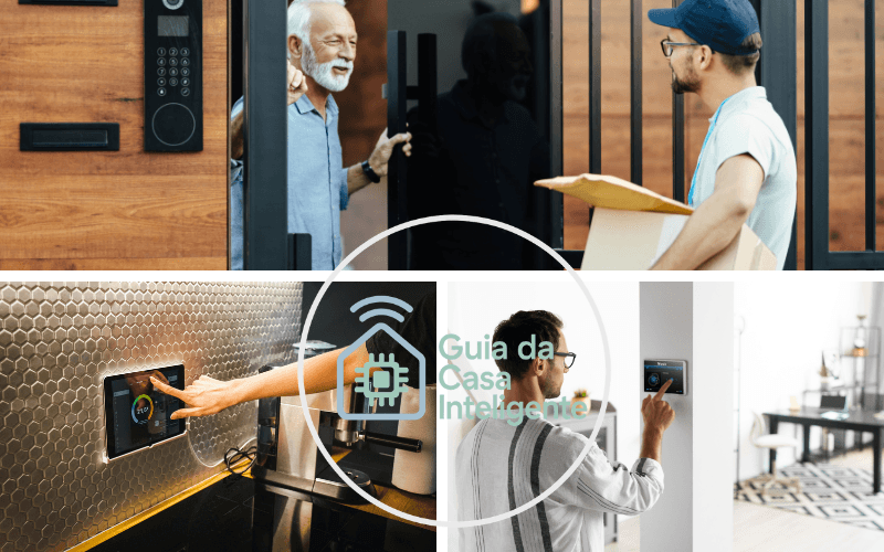 Automação Residencial, Pessoa destrancando uma porta com uma fechadura digital usando o aplicativo no celular, com uma câmera de segurança de fundo.