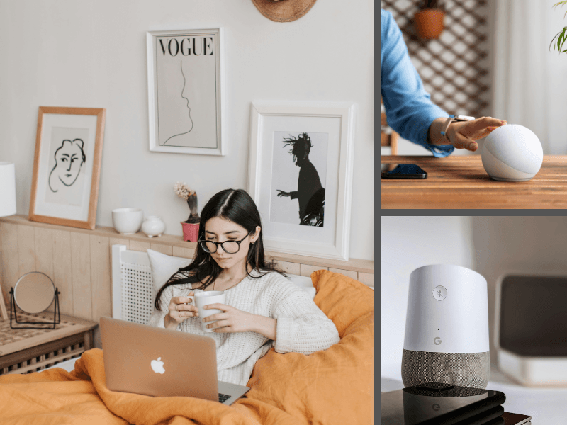 Caixa de som inteligente tocando música em quarto moderno