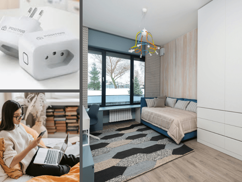 Cortina inteligente abrindo automaticamente em quarto smart home