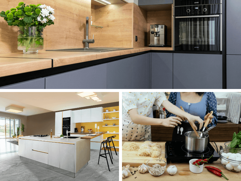 Vista geral de um cooktop de 4 bocas embutido em uma bancada de quartzo cinza, integrado a uma cozinha moderna com armários brancos e madeira. O cooktop está desligado, destacando seu design clean.