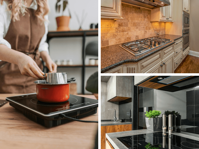 Close-up da superfície vitrocerâmica preta de um cooktop de indução. O painel touch screen com a marcação "ligar/desligar" e os controles digitais de temperatura estão em destaque.